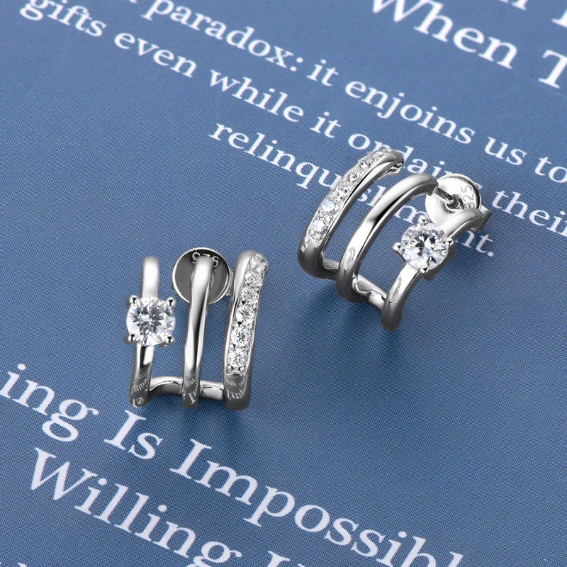 Stud Earrings 925 Sterling Silver Certified 4mm&1.6mm Diamond Half Hoop Round Earrings Engagement Jewelry