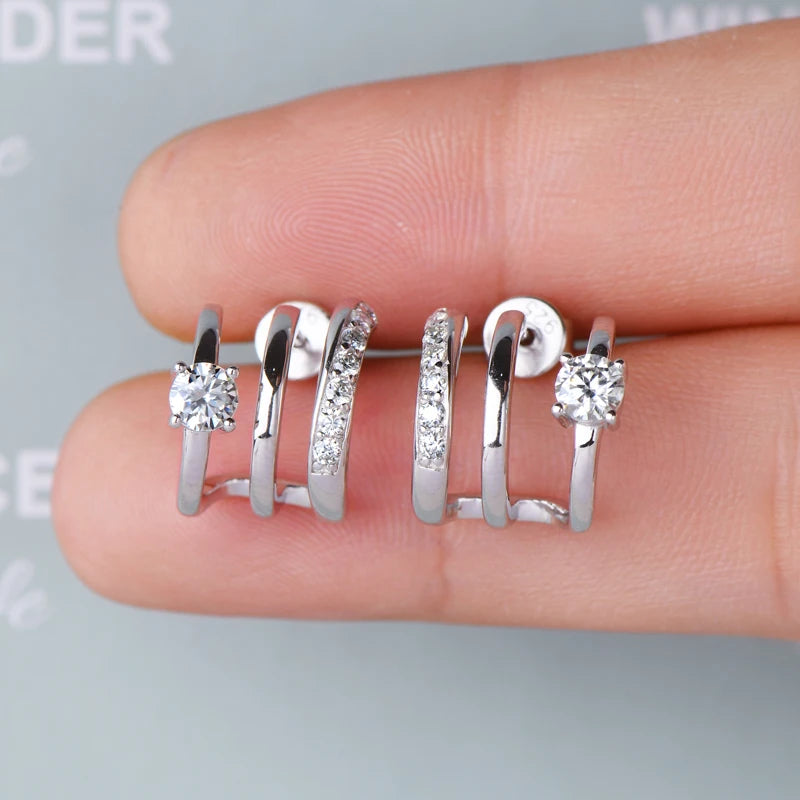 Stud Earrings 925 Sterling Silver Certified 4mm&1.6mm Diamond Half Hoop Round Earrings Engagement Jewelry