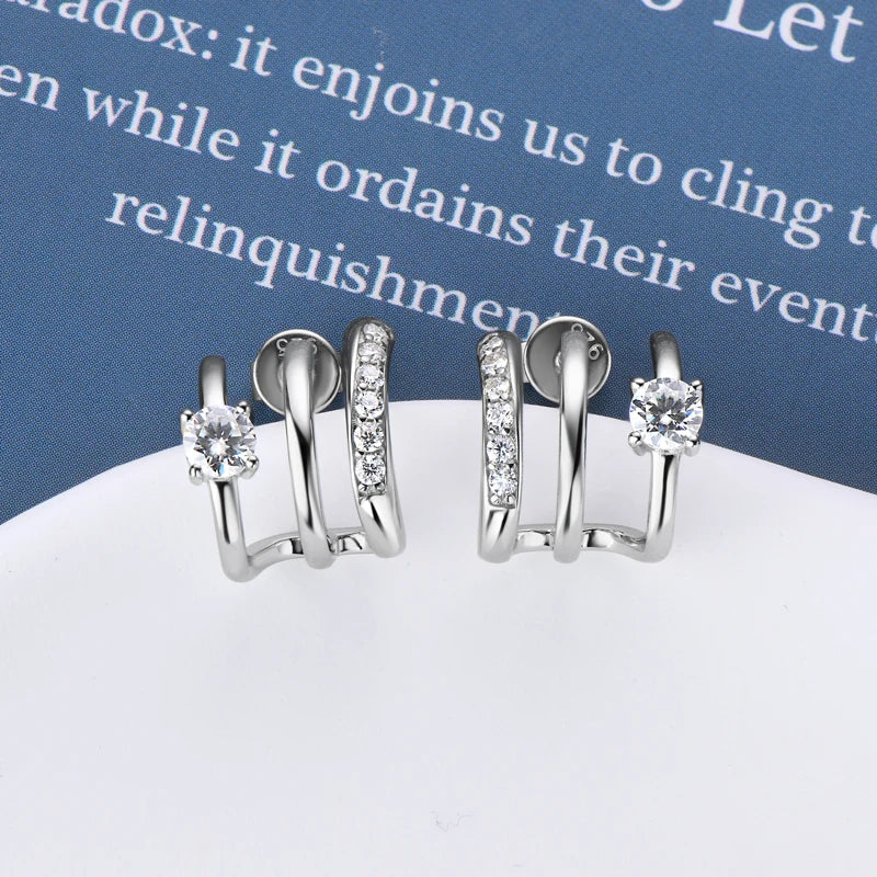 Stud Earrings 925 Sterling Silver Certified 4mm&1.6mm Diamond Half Hoop Round Earrings Engagement Jewelry
