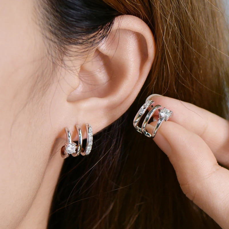 Stud Earrings 925 Sterling Silver Certified 4mm&1.6mm Diamond Half Hoop Round Earrings Engagement Jewelry